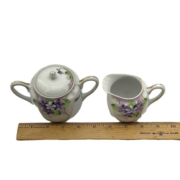 Meito China Creamer & Sugar Bowl w/ Lid Hand Painted Violet Floral Gold Trimmed - Picture 13 of 15